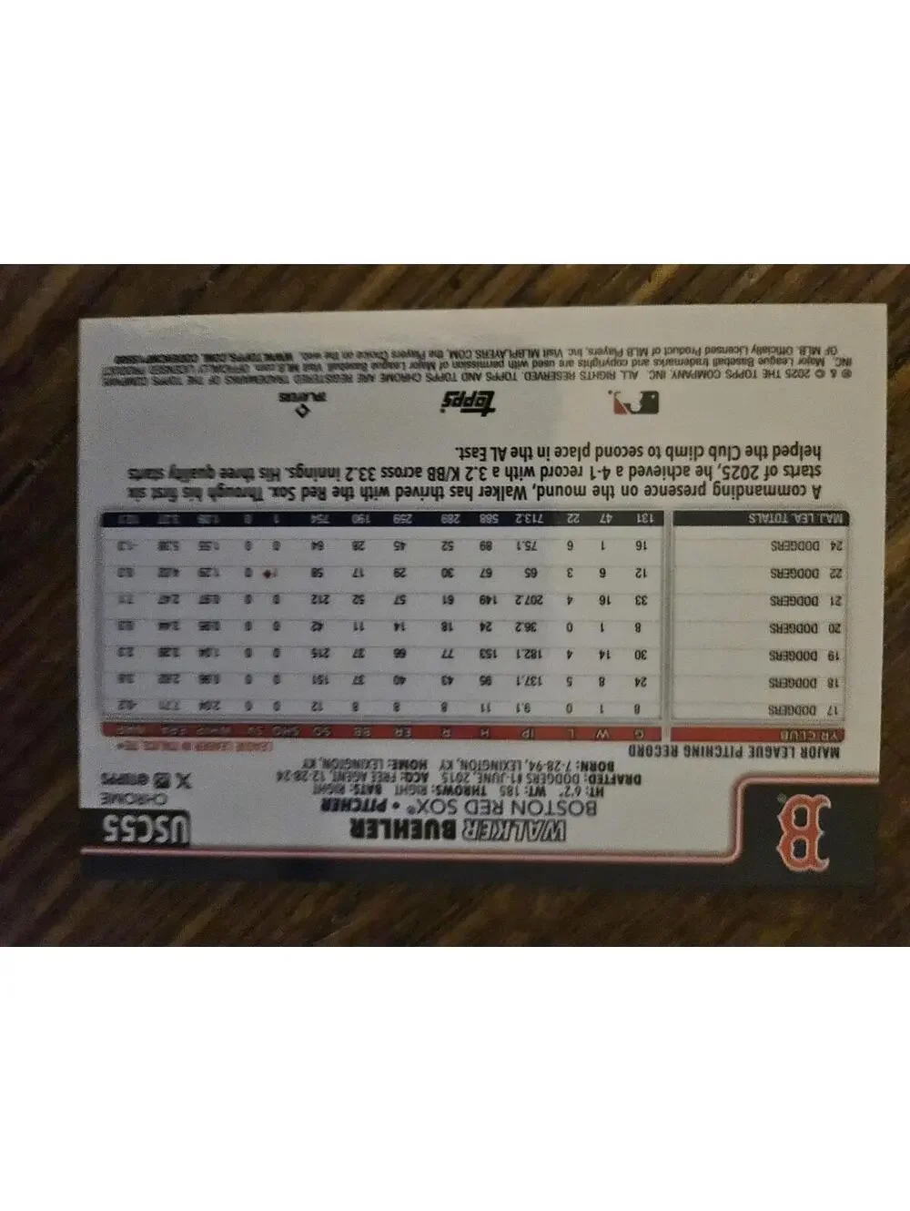 2025 Topps Chrome Update - Walker Buehler  #USC55 - Red Sox - RAW Mint - Picture 2 of 2